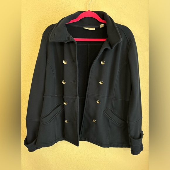 Coldwater Creek Navy Double Breasted Pea Coat Style Sweater With Detachable Hood - Picture 2 of 11